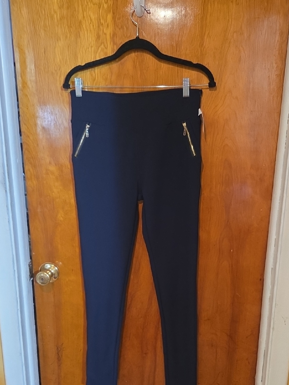 Shosho Navy Ponte Leggings with Gold Zipper Detail